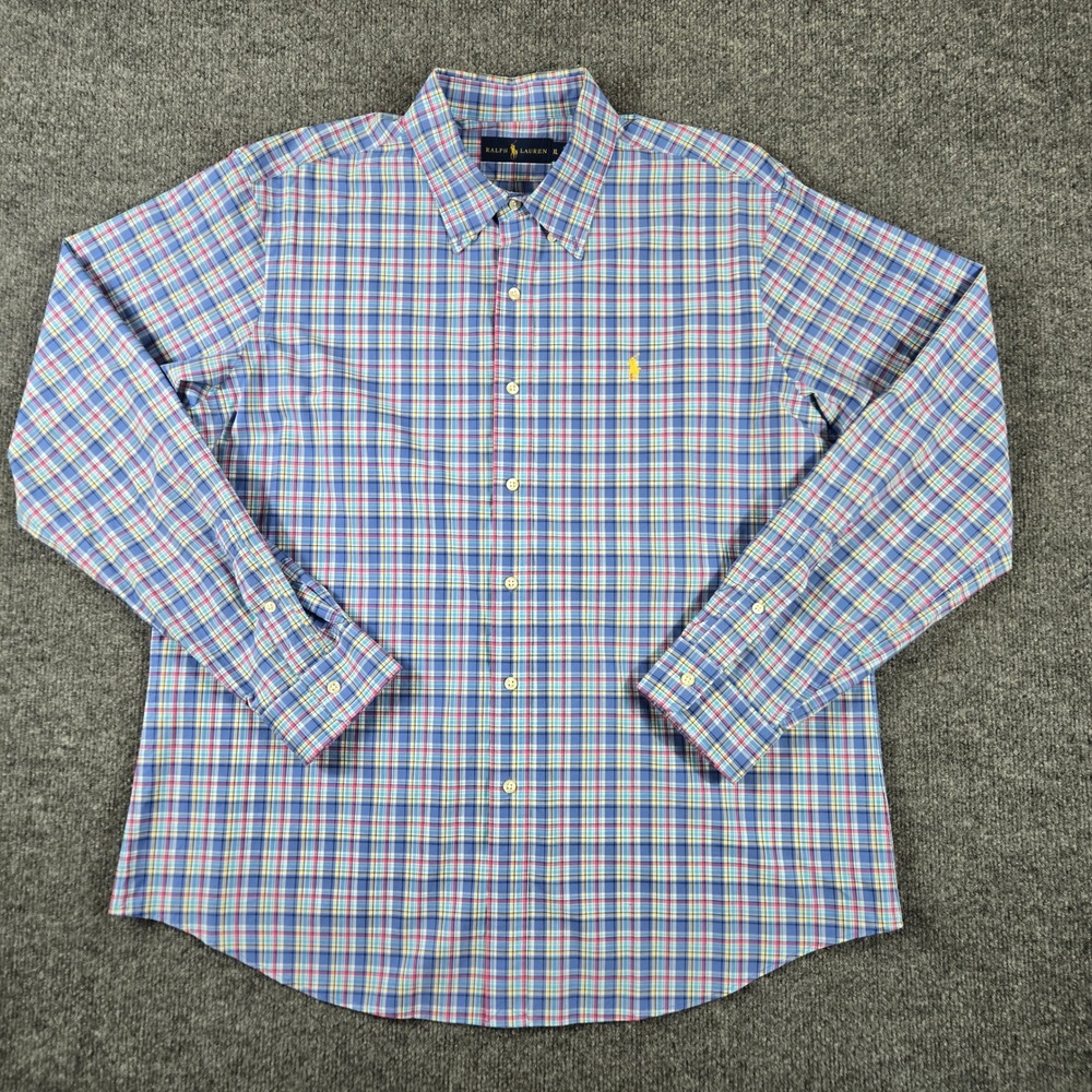 Ralph Lauren Plaid Button Down Shirt Mens XL Blue Pink Yellow Long Sleeve Cotton